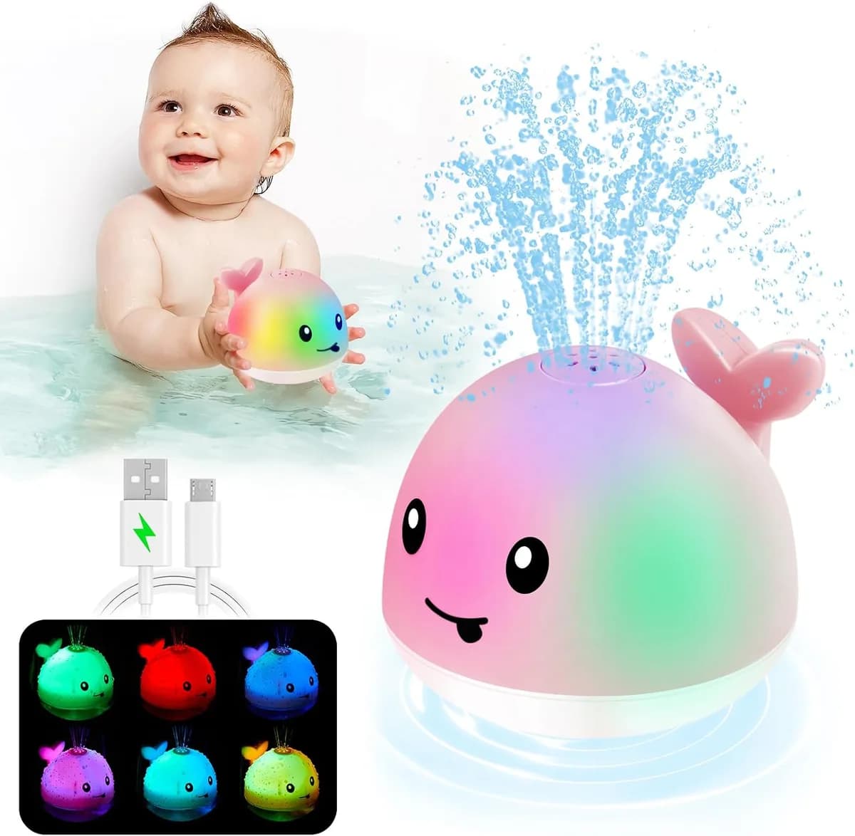 light-up whale bath toy in pink whale