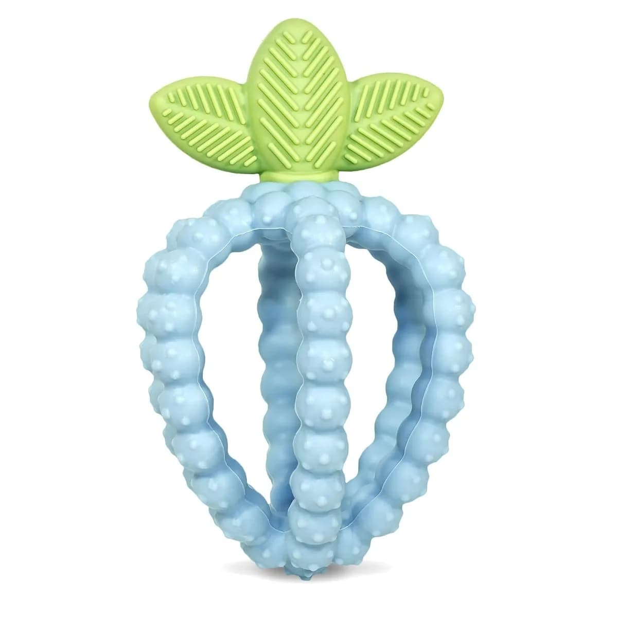 strawberry silicone teething toy in blue