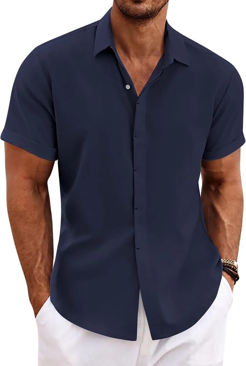 men's linen shirt short sleeve in navy blue