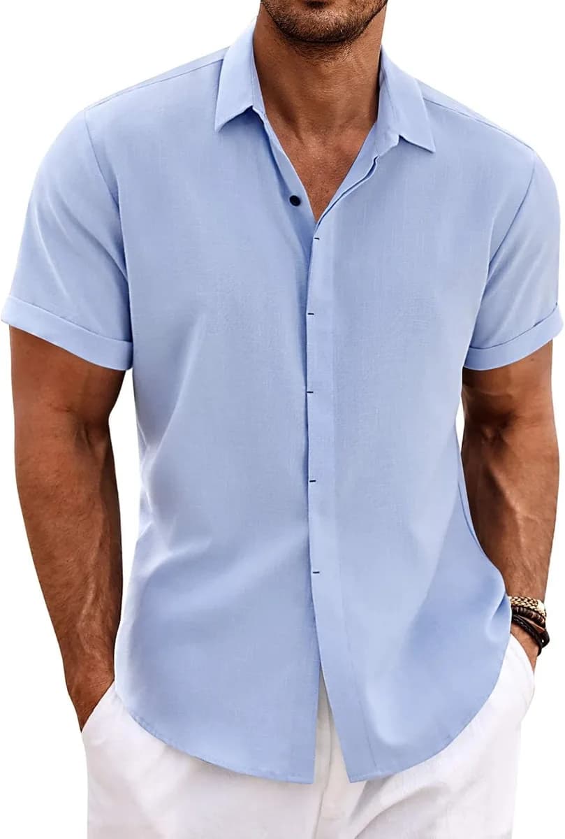 men's linen shirt short sleeve in blue