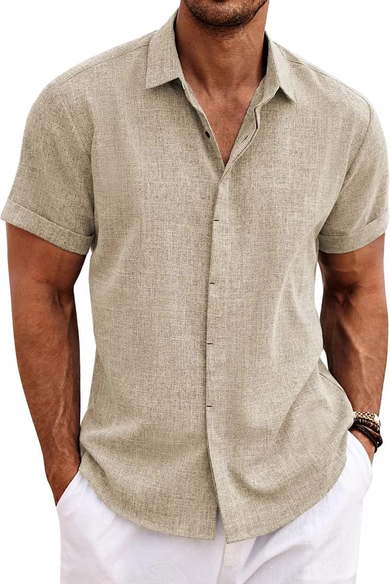 men's linen shirt short sleeve in khaki