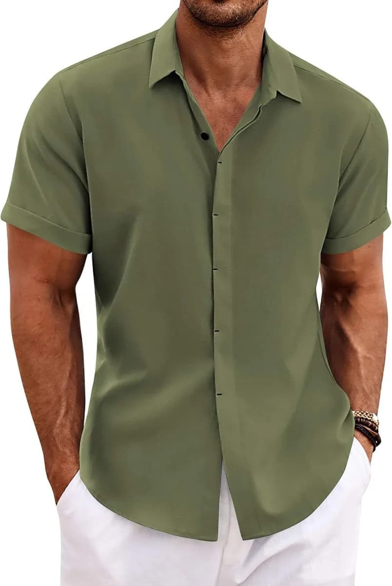 men's linen shirt short sleeve in olive green