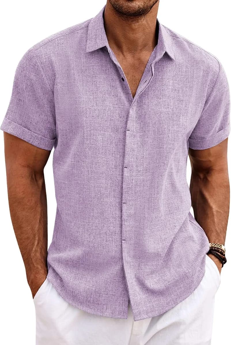 men's linen shirt short sleeve in lavender
