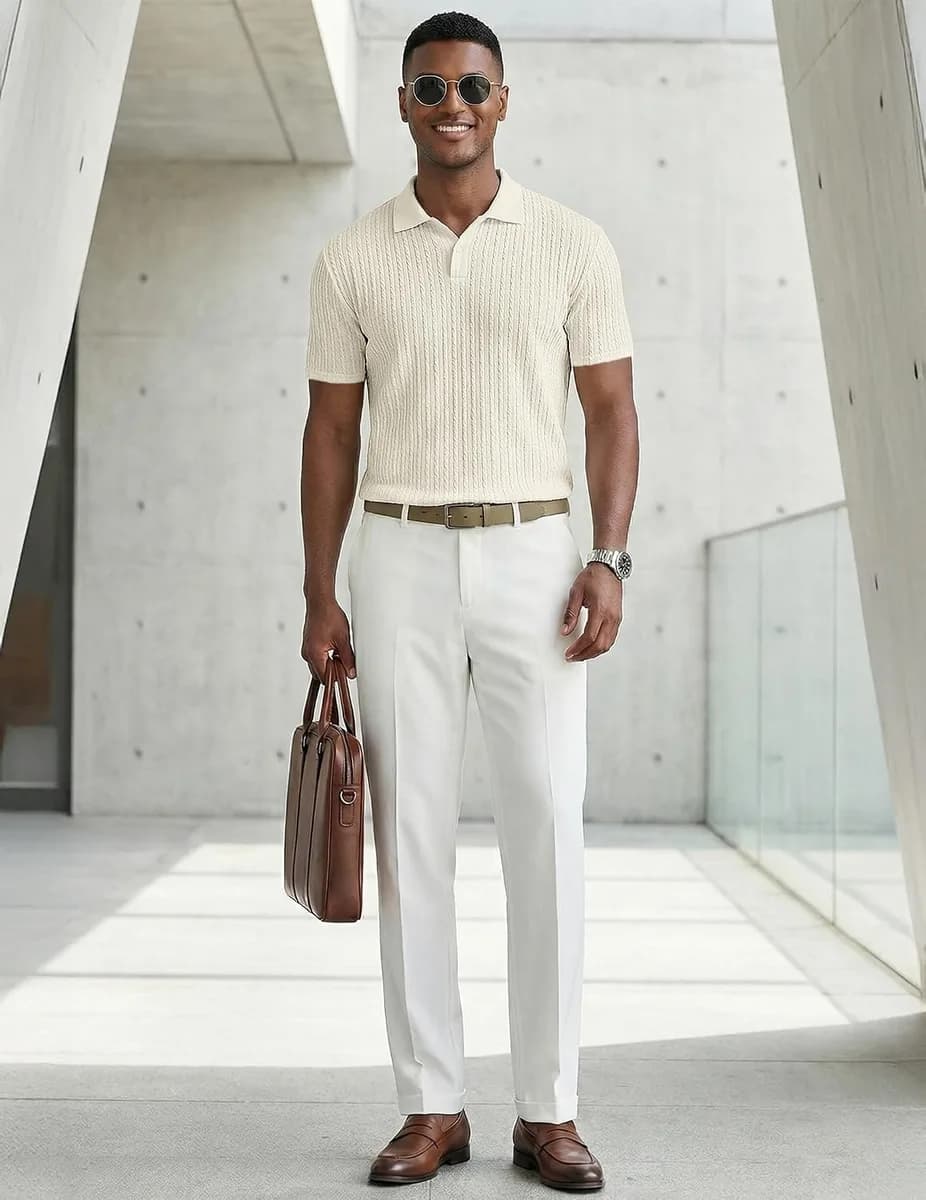 man in a textured knit polo shirt and trousers