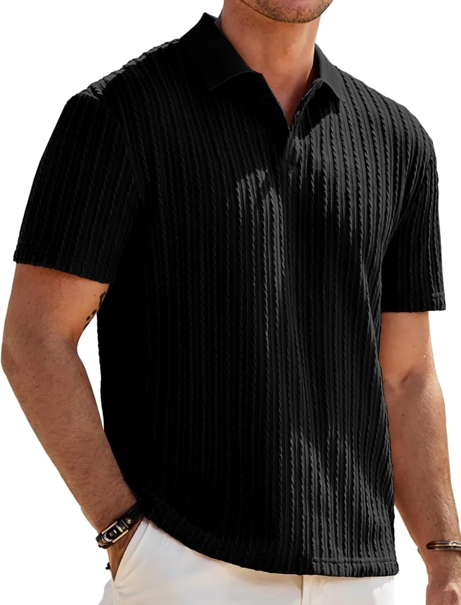 men's textured knit polo shirt in black