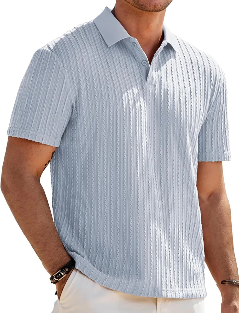 men's textured knit polo shirt in light blue