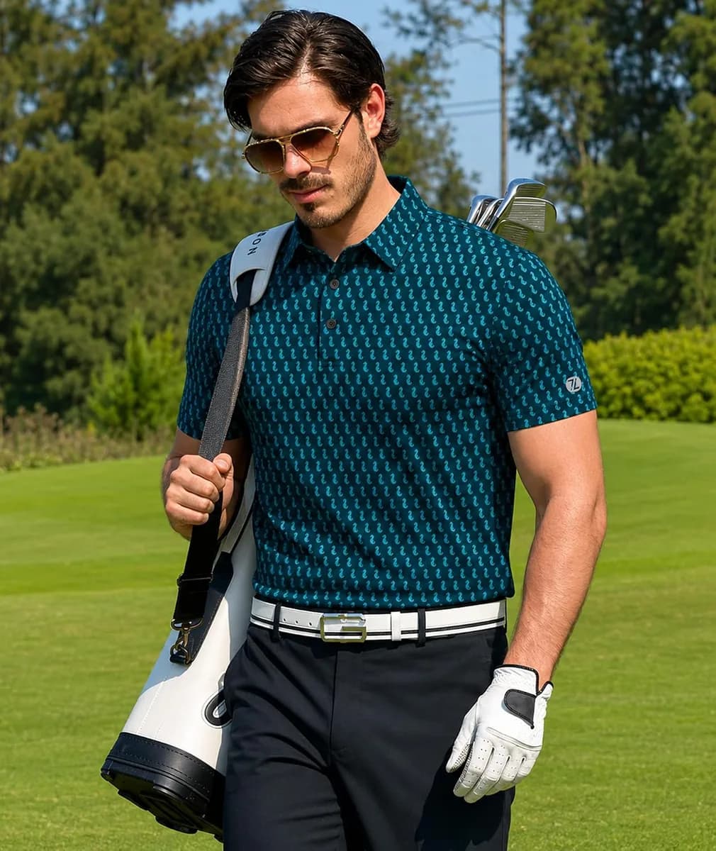 golfer wearing a printed golf polo shirt
