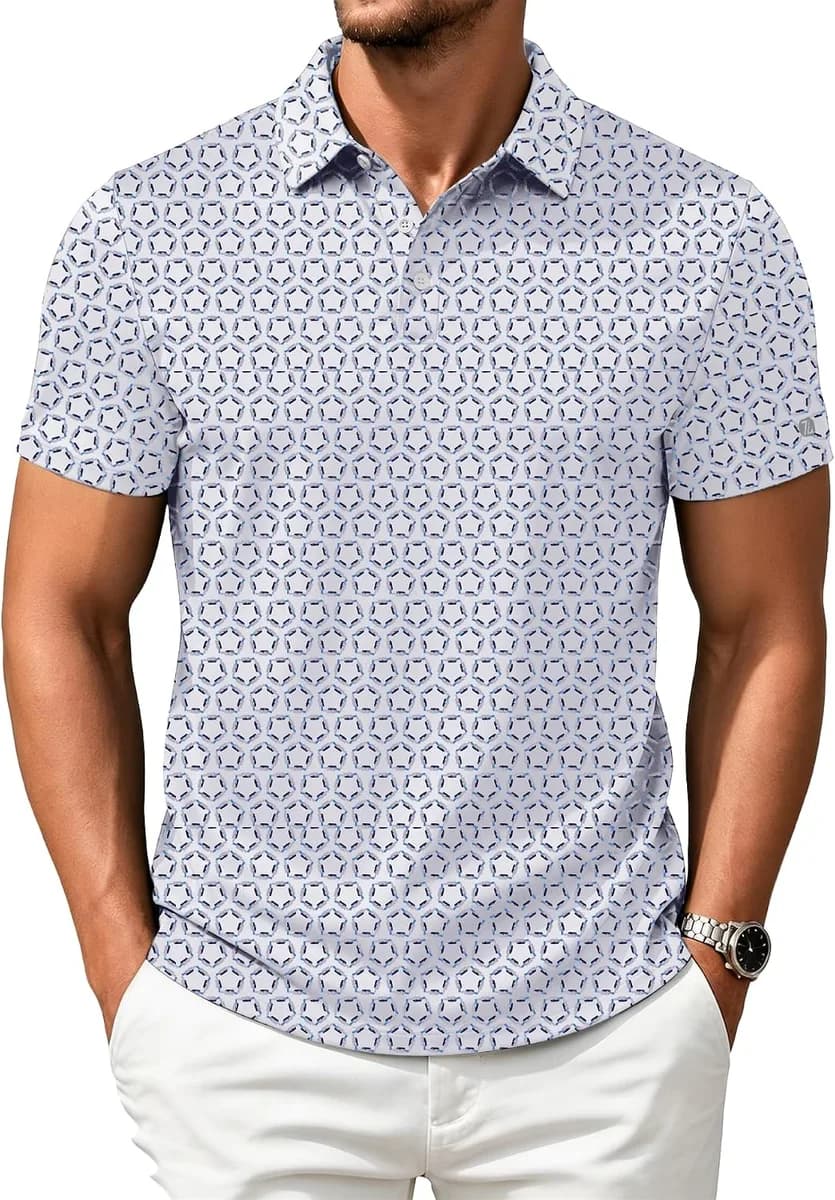 men's printed golf polo shirt in grey blue pentagon