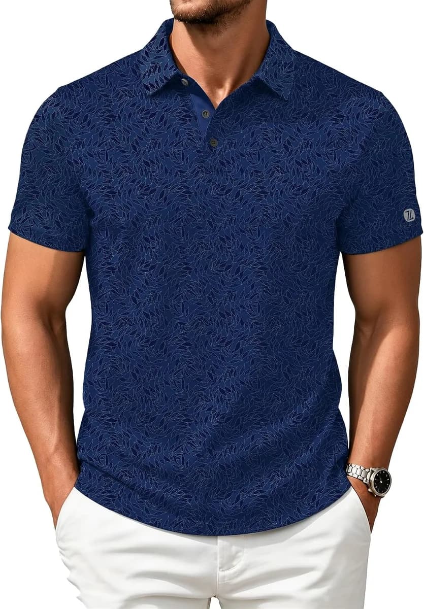 men's printed golf polo shirt in navy blue leaves