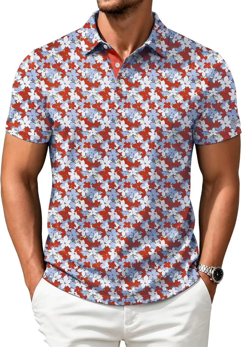 men's printed golf polo shirt in red maple leaf
