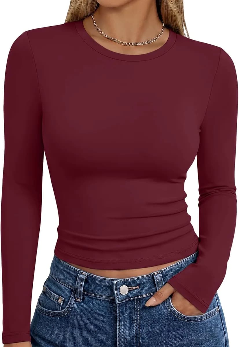 women's long sleeve fitted t-shirt in burgundy