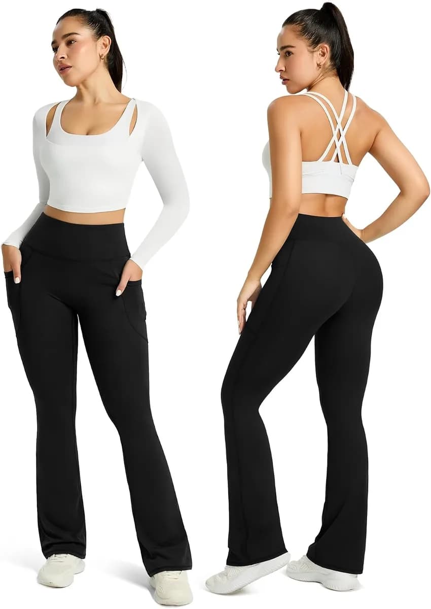 two women wearing flare yoga pants