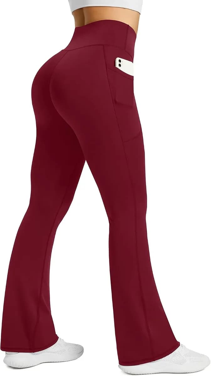 women's flare yoga pants with pockets in wine red