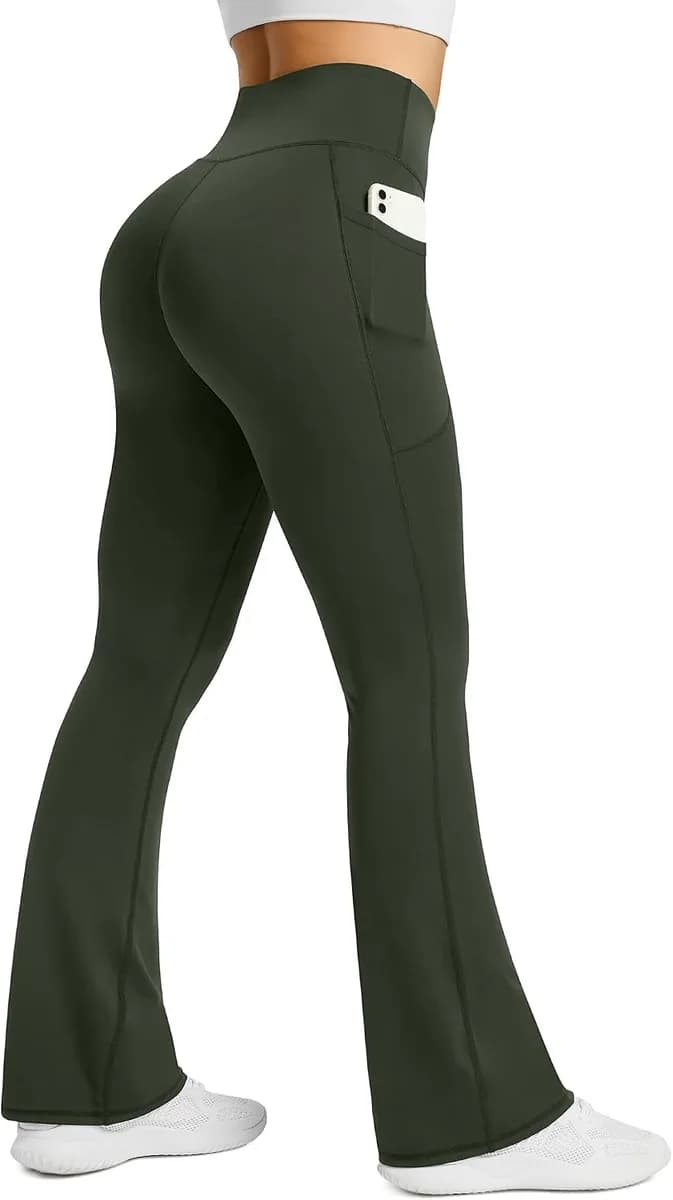 women's flare yoga pants with pockets in olive green