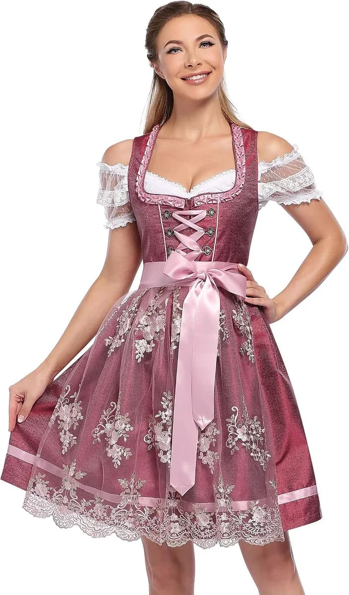 women's 3 piece dirndl dress in burgundy satin