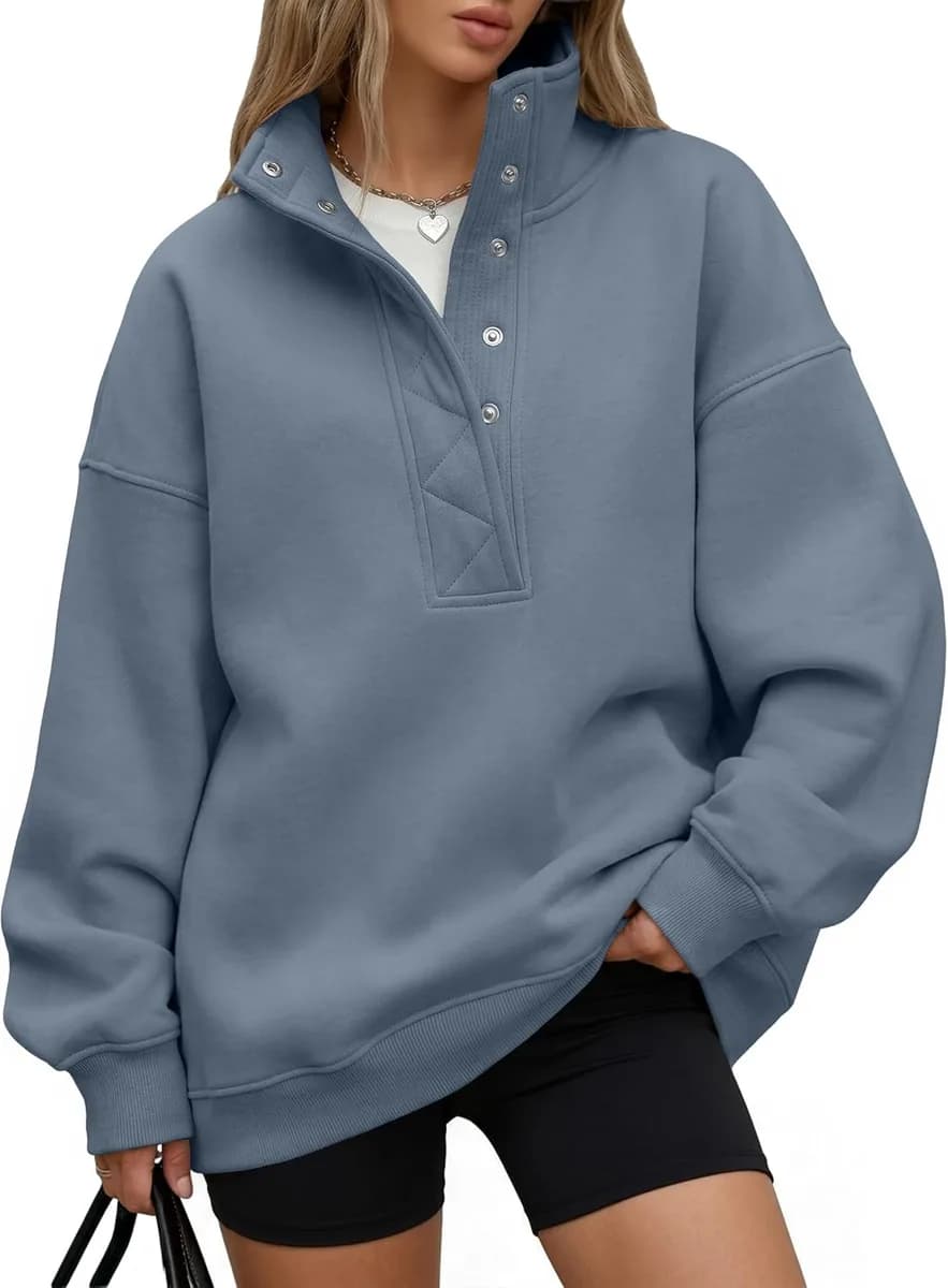 women's oversized henley sweatshirt in grey blue