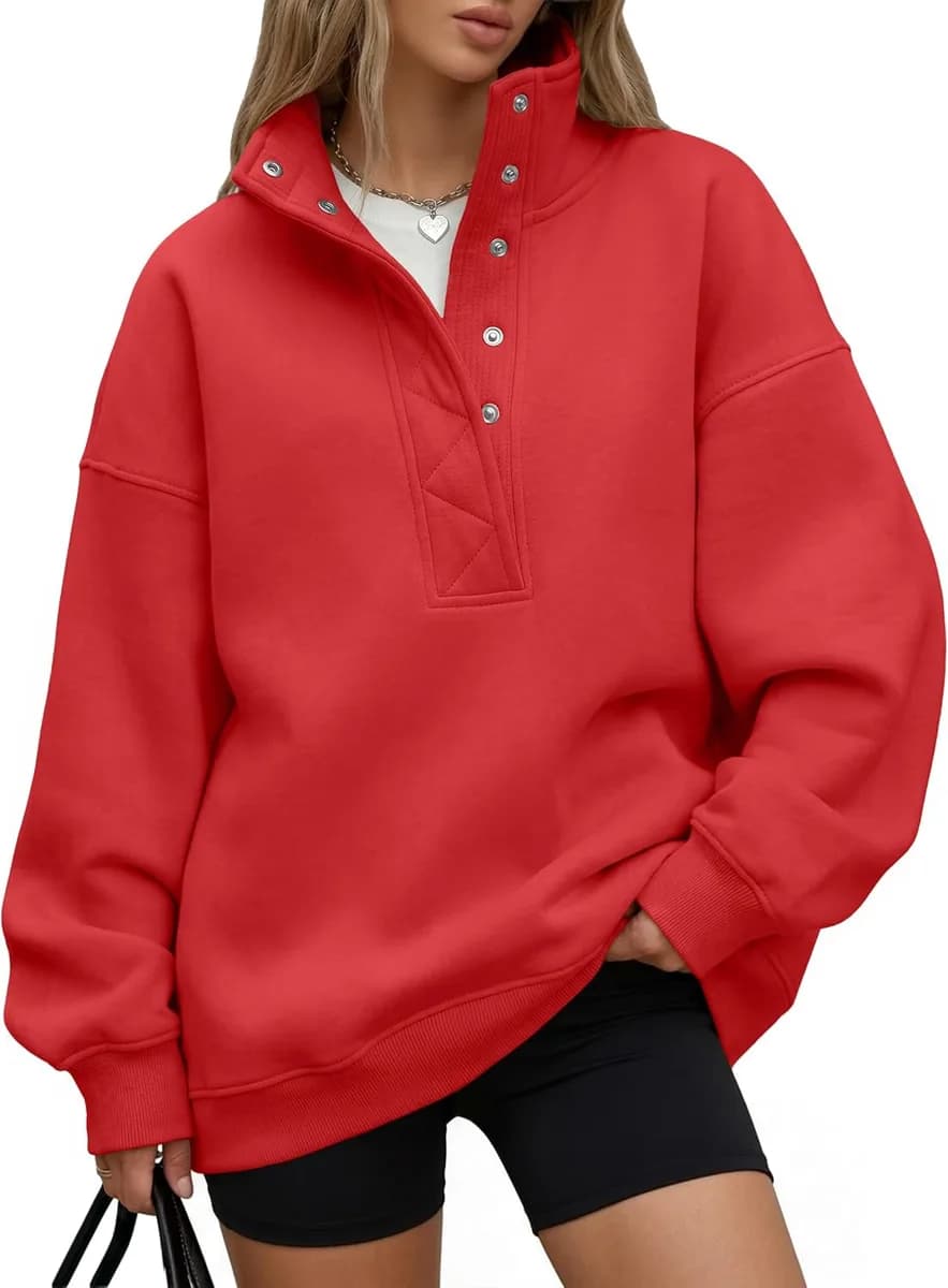 women's oversized henley sweatshirt in red