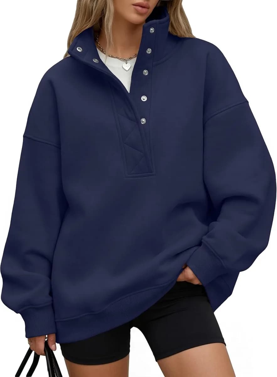 women's oversized henley sweatshirt in navy blue