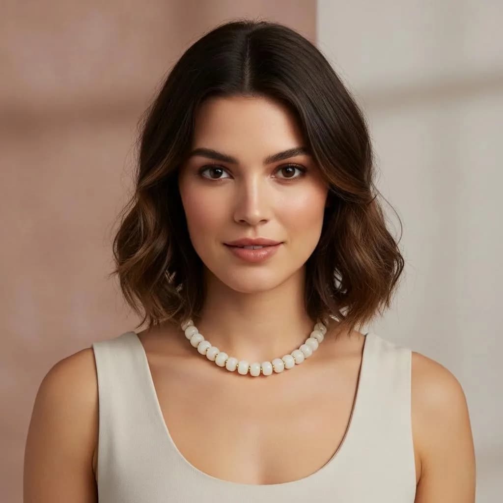 woman wearing a chunky beaded necklace