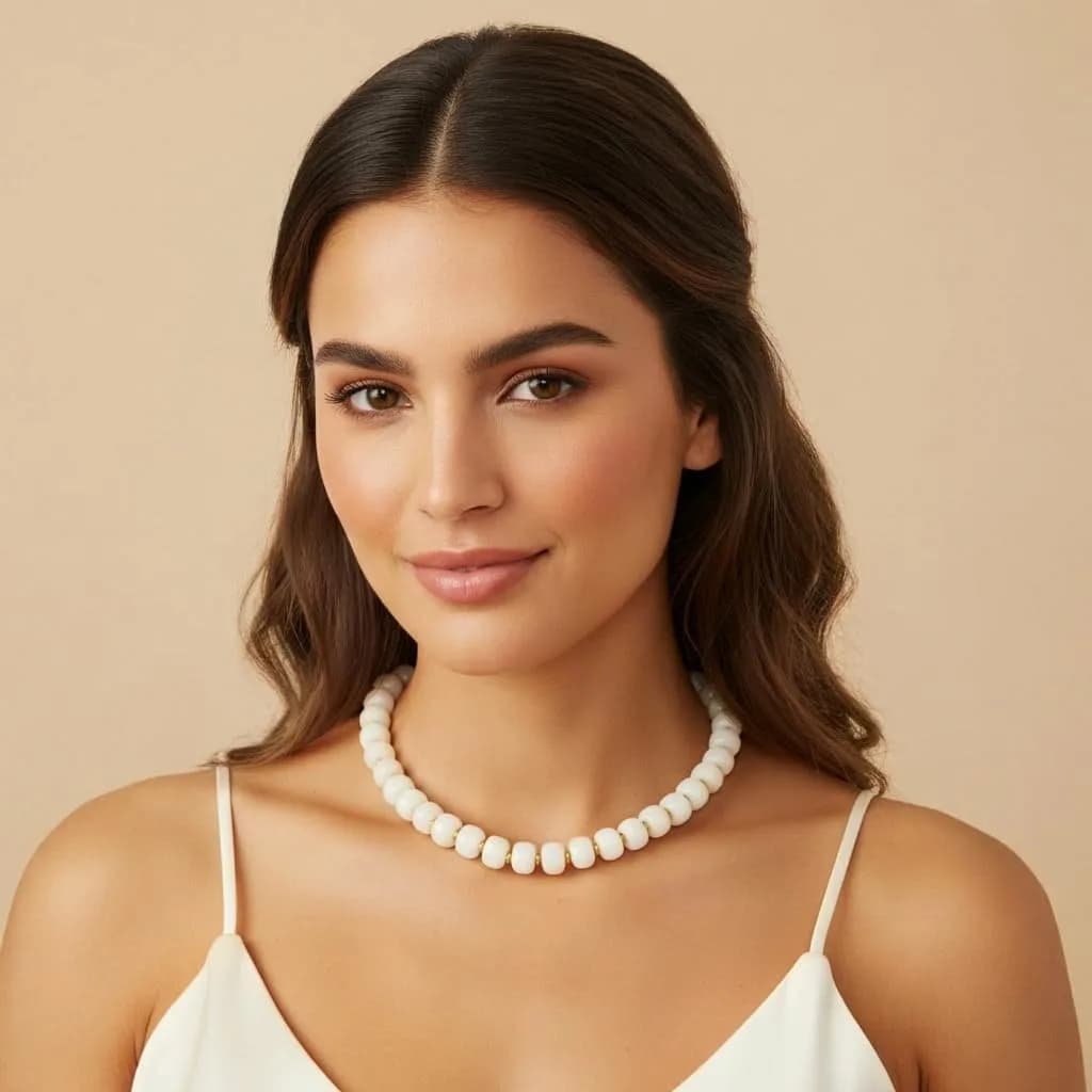 close-up of the chunky beaded necklace on the neck, product photo
