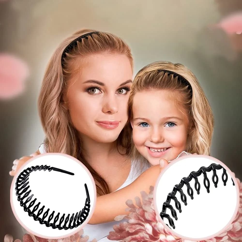 mother and daughter wearing teeth comb headbands, product photo