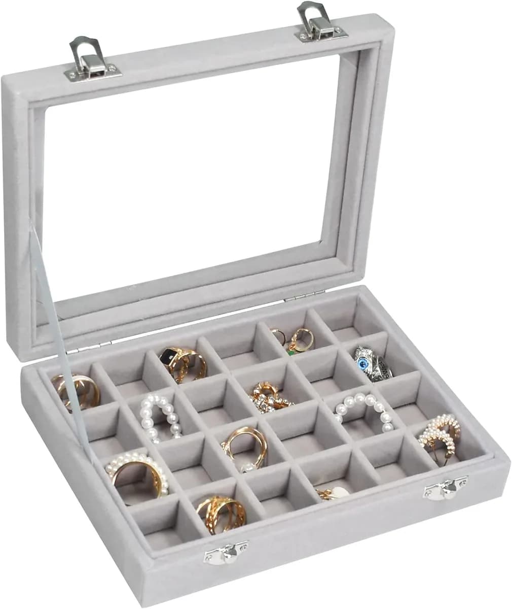 velvet jewelry box with glass lid in gray
