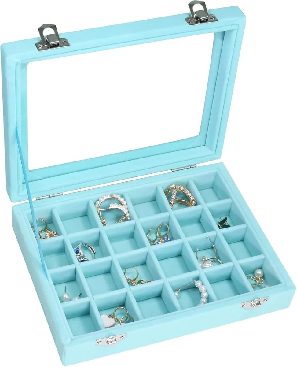 velvet jewelry box with glass lid in light blue