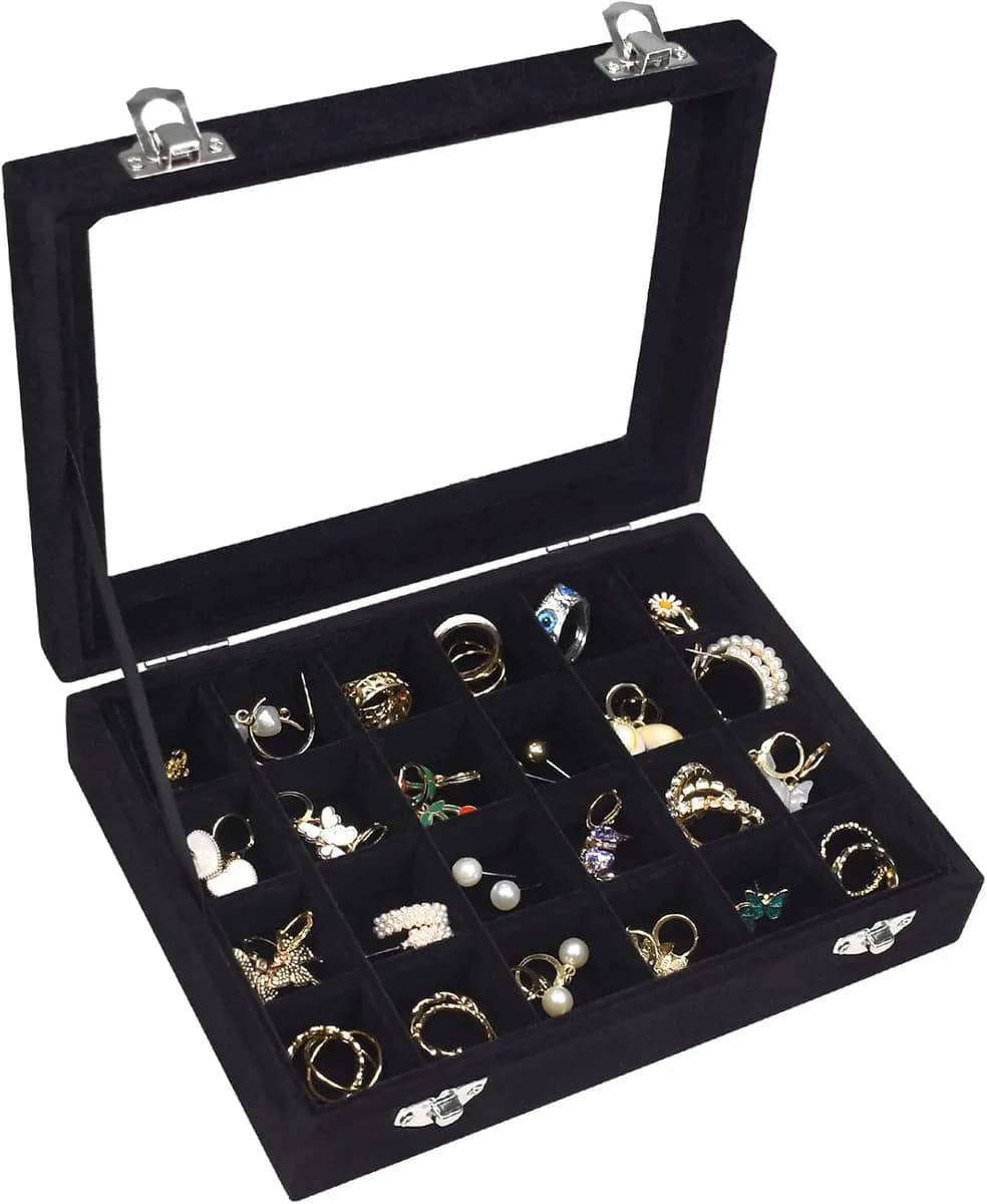 velvet jewelry box with glass lid in black