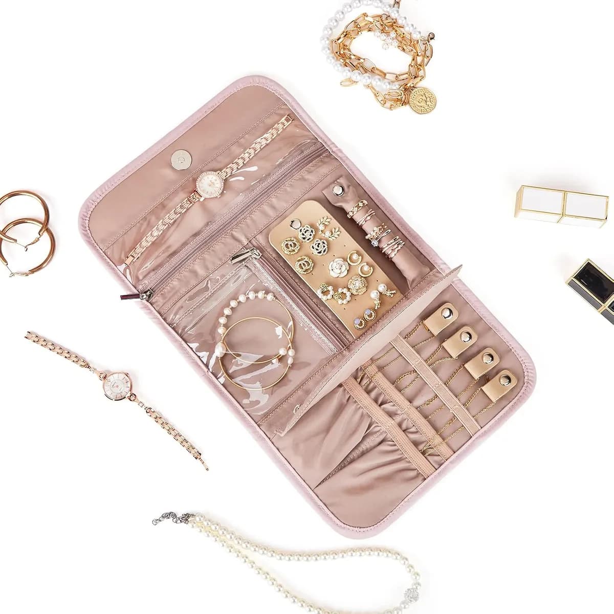 jewelry roll organizer with necklaces and bracelets, product photo