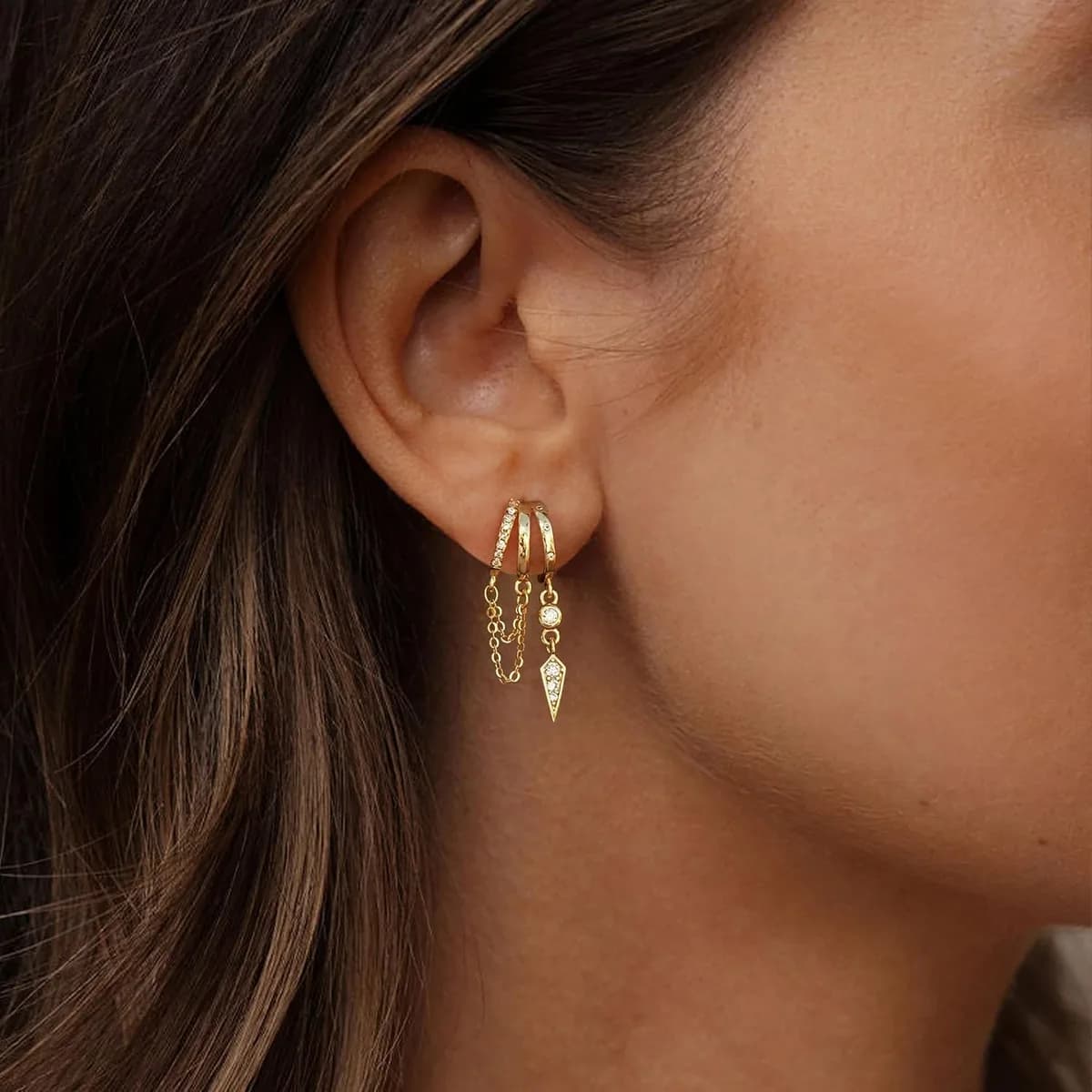gold dangle huggie earrings everyday look, product photo