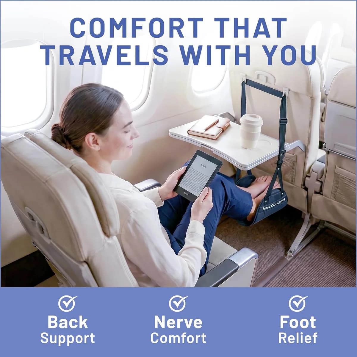 woman relaxing with an airplane foot hammock, product photo