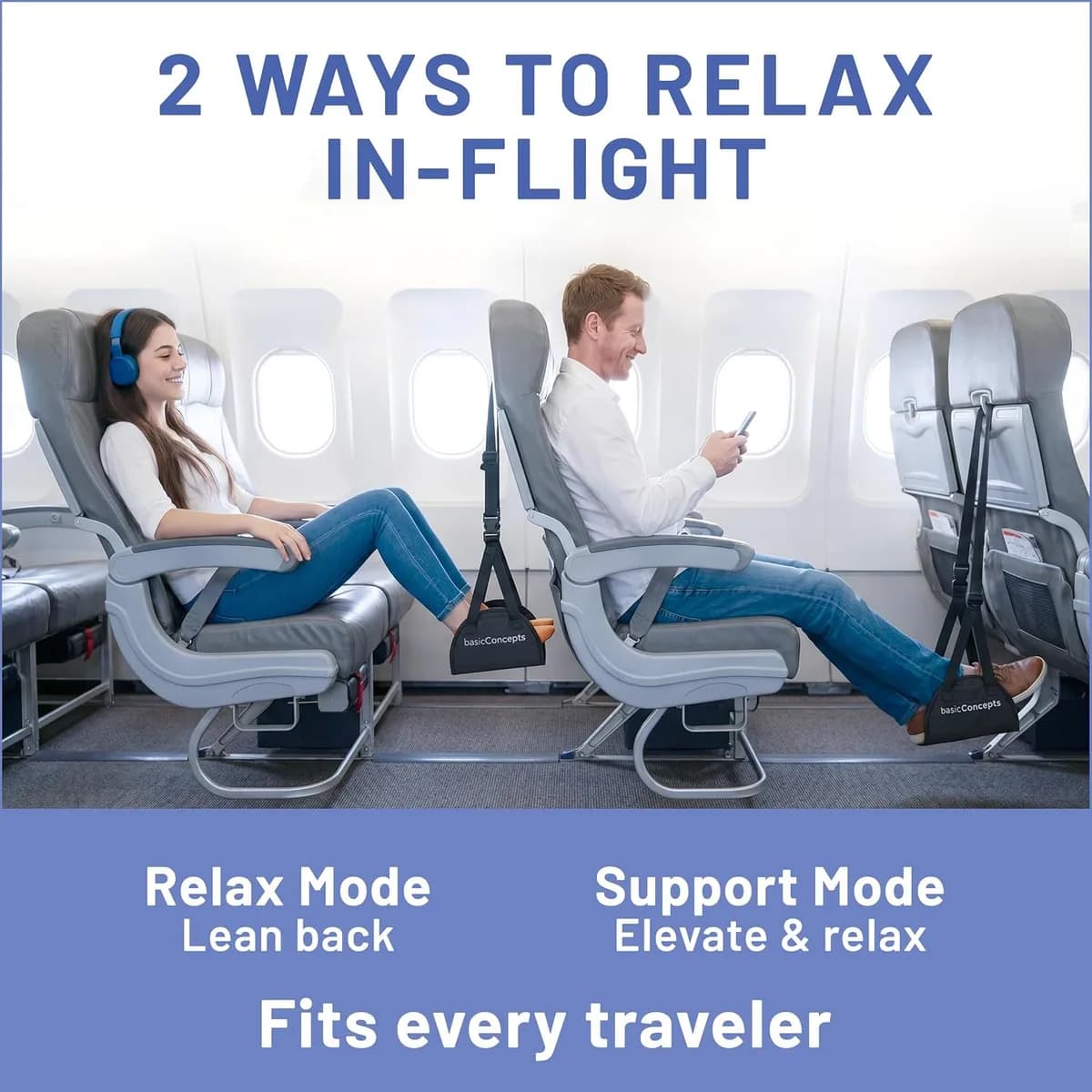 two ways to relax with the airplane foot hammock, product photo