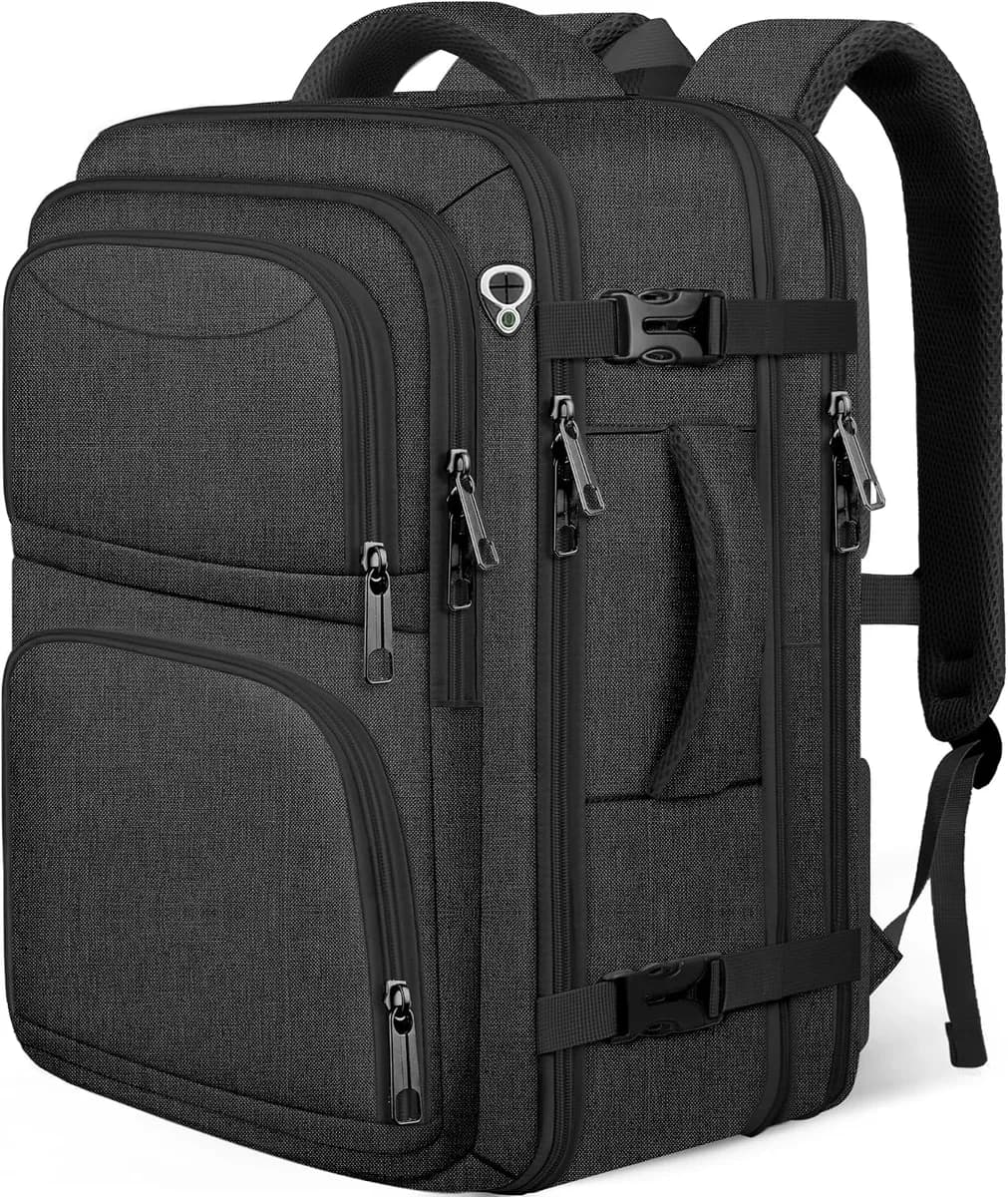 expandable carry-on travel backpack in black