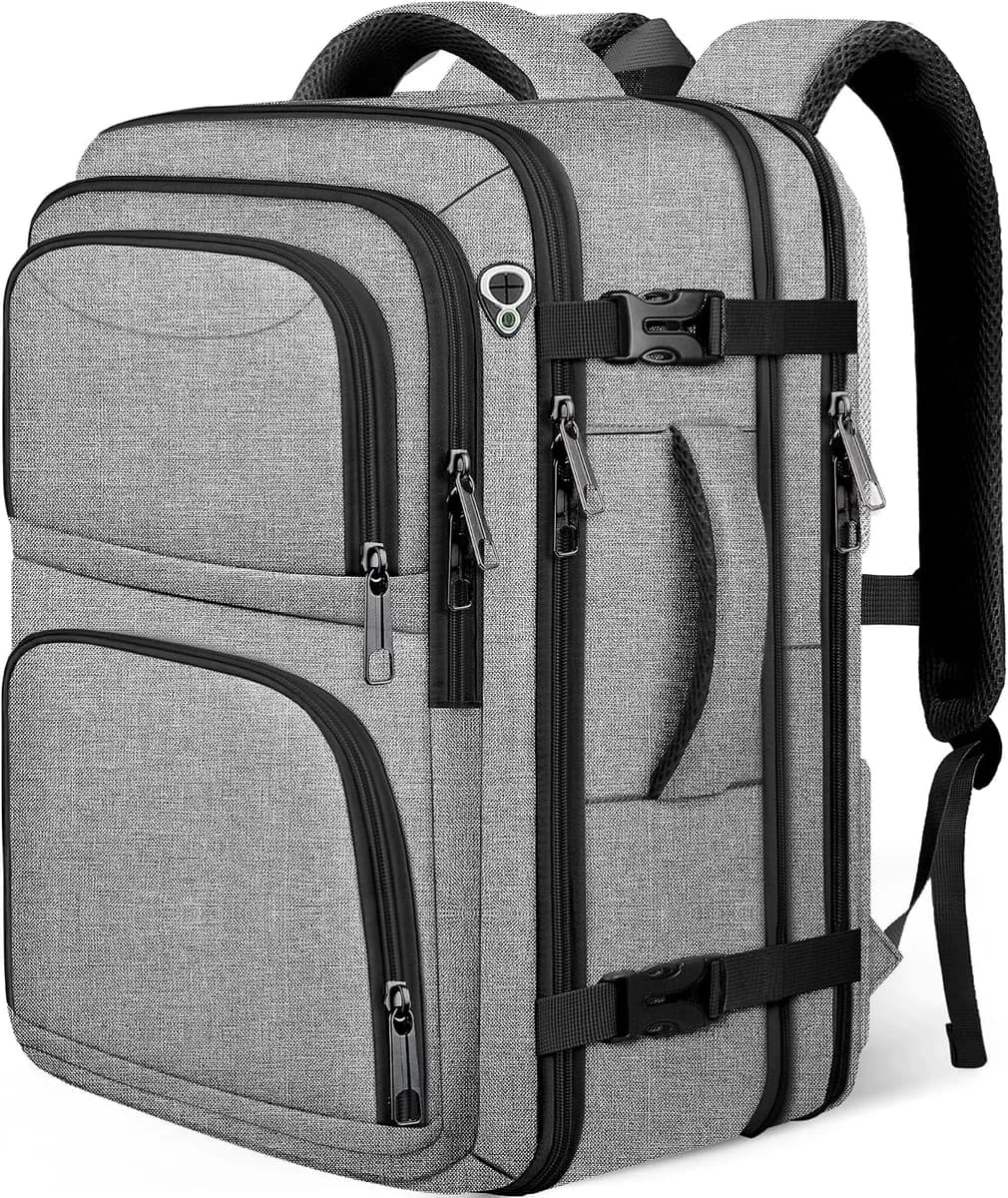 expandable carry-on travel backpack in grey