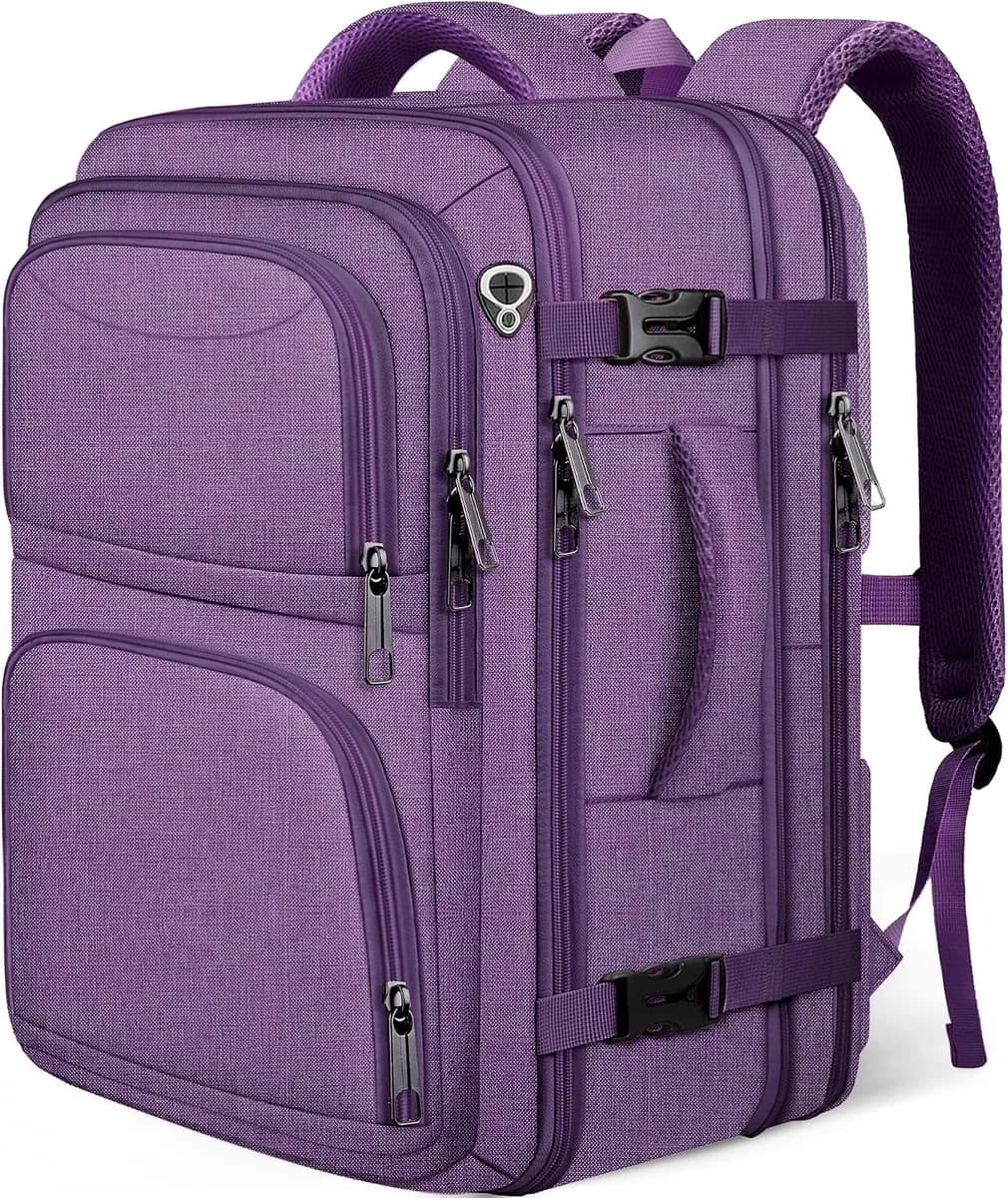 expandable carry-on travel backpack in purple