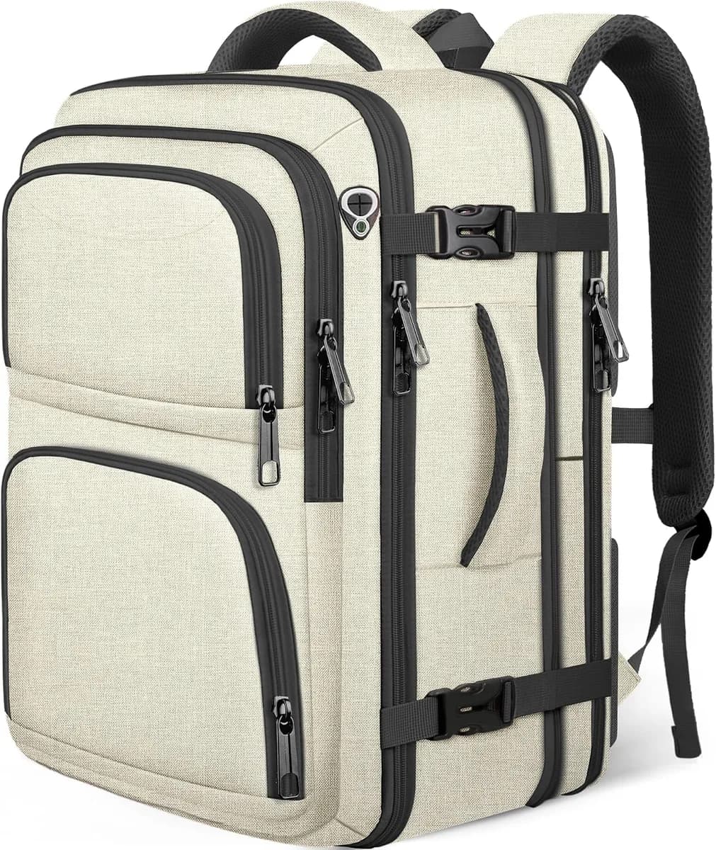 expandable carry-on travel backpack in off-white