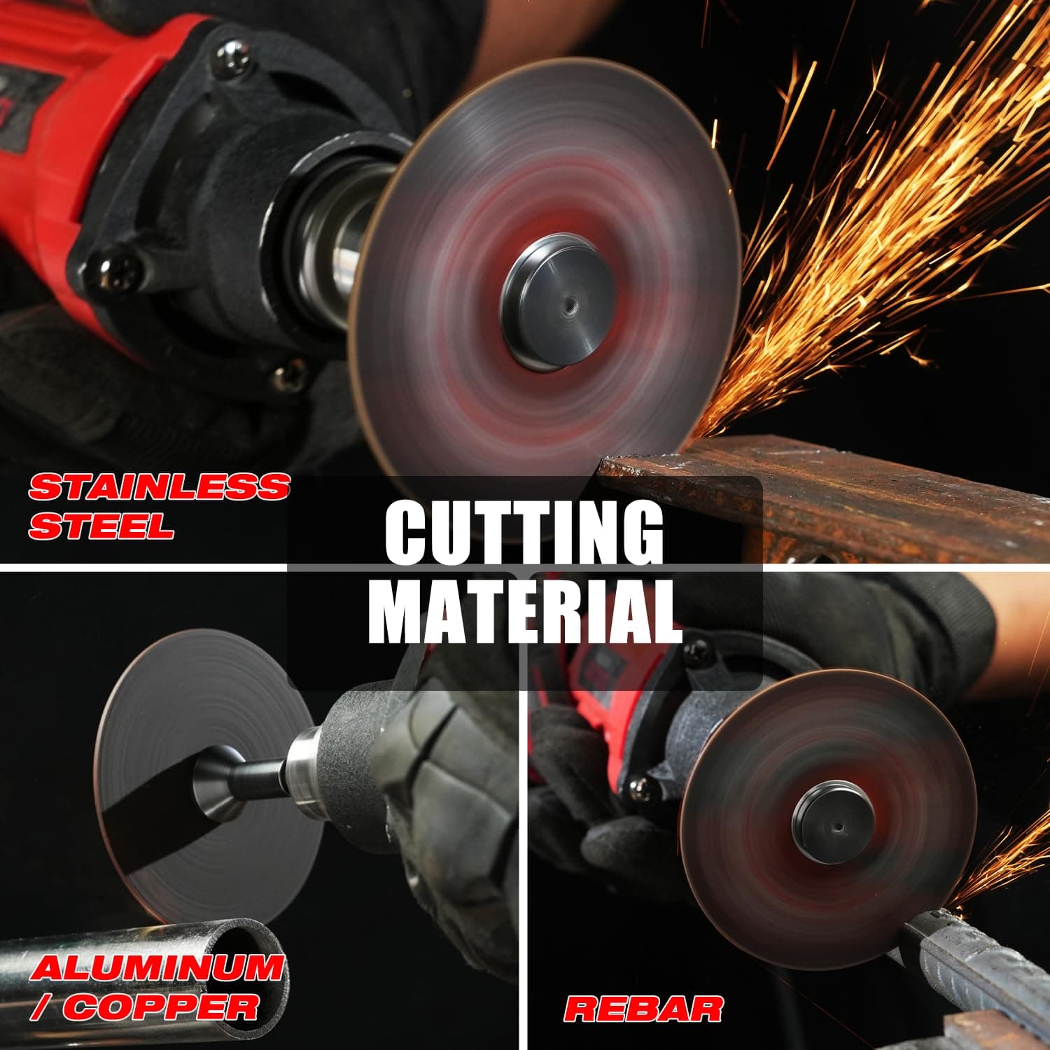 Die grinder cutting stainless steel, aluminum/copper pipe, and rebar with sparks flying, showcasing cutting material options.