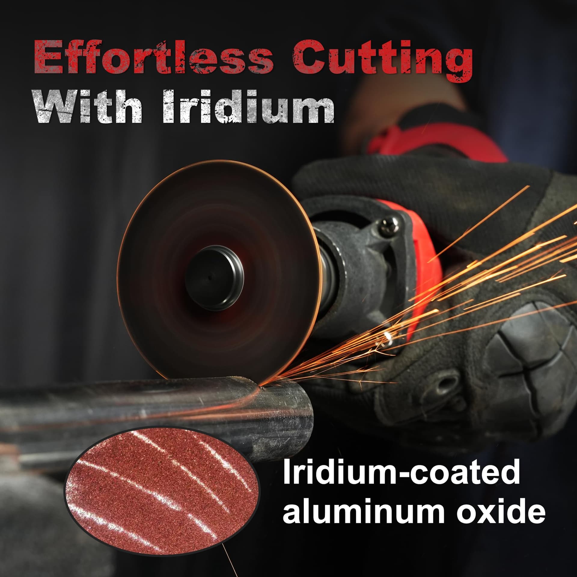 Worker using a die grinder with a cutting wheel producing sparks and text highlighting iridium-coated aluminum oxide.