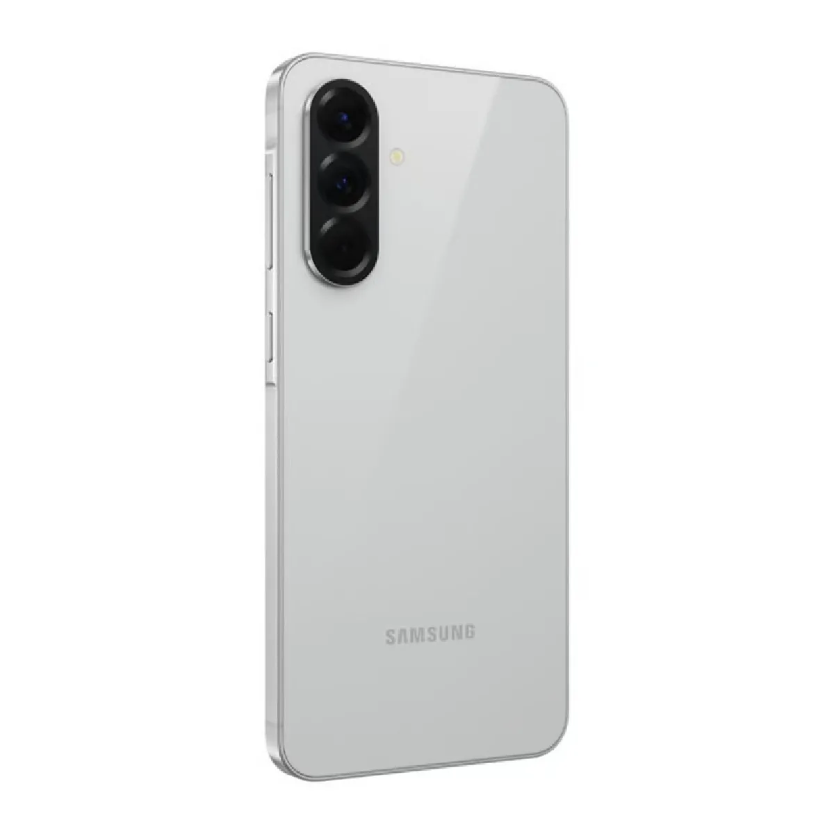 Samsung Galaxy A56 smartphone in light gray with triple rear cameras and side buttons visible.