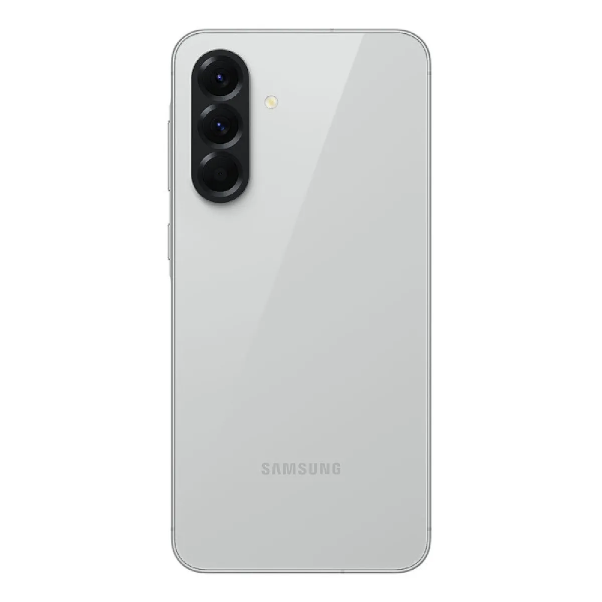 Samsung Galaxy A56 smartphone in light gray with triple rear camera and flash on a white background.