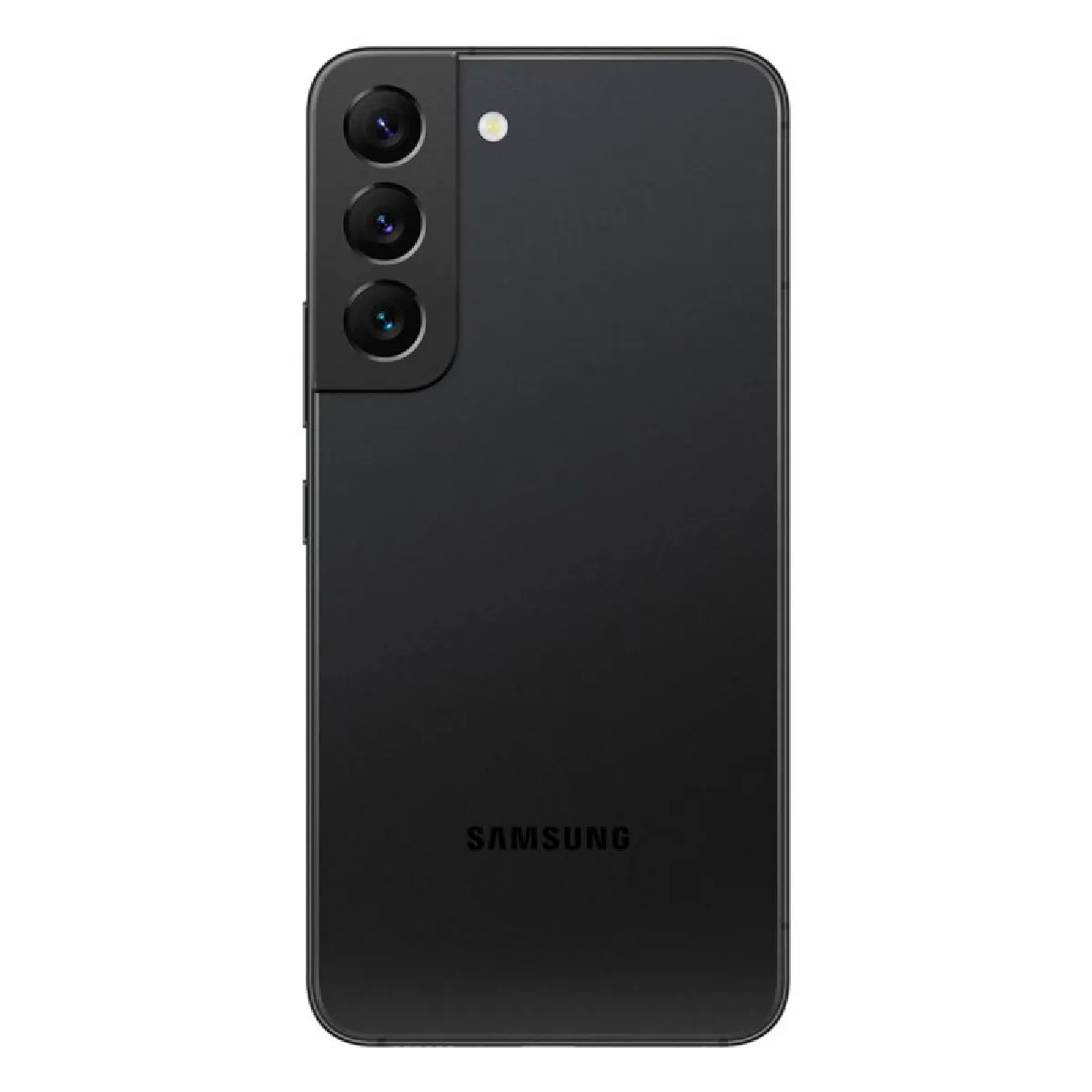 Black Samsung Galaxy S22 smartphone back view with triple camera and LED flash.