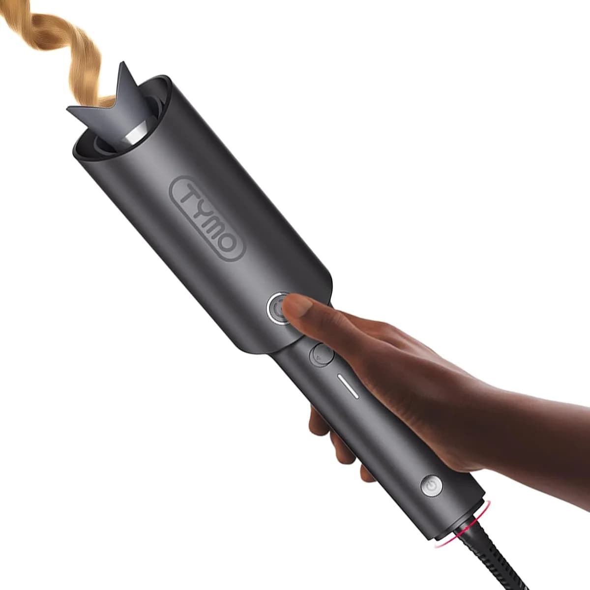 automatic rotating curling iron in metallic gray creating a curl