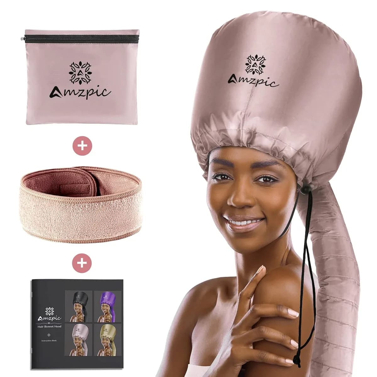 bonnet hood hair dryer attachment in pink with headband and pouch