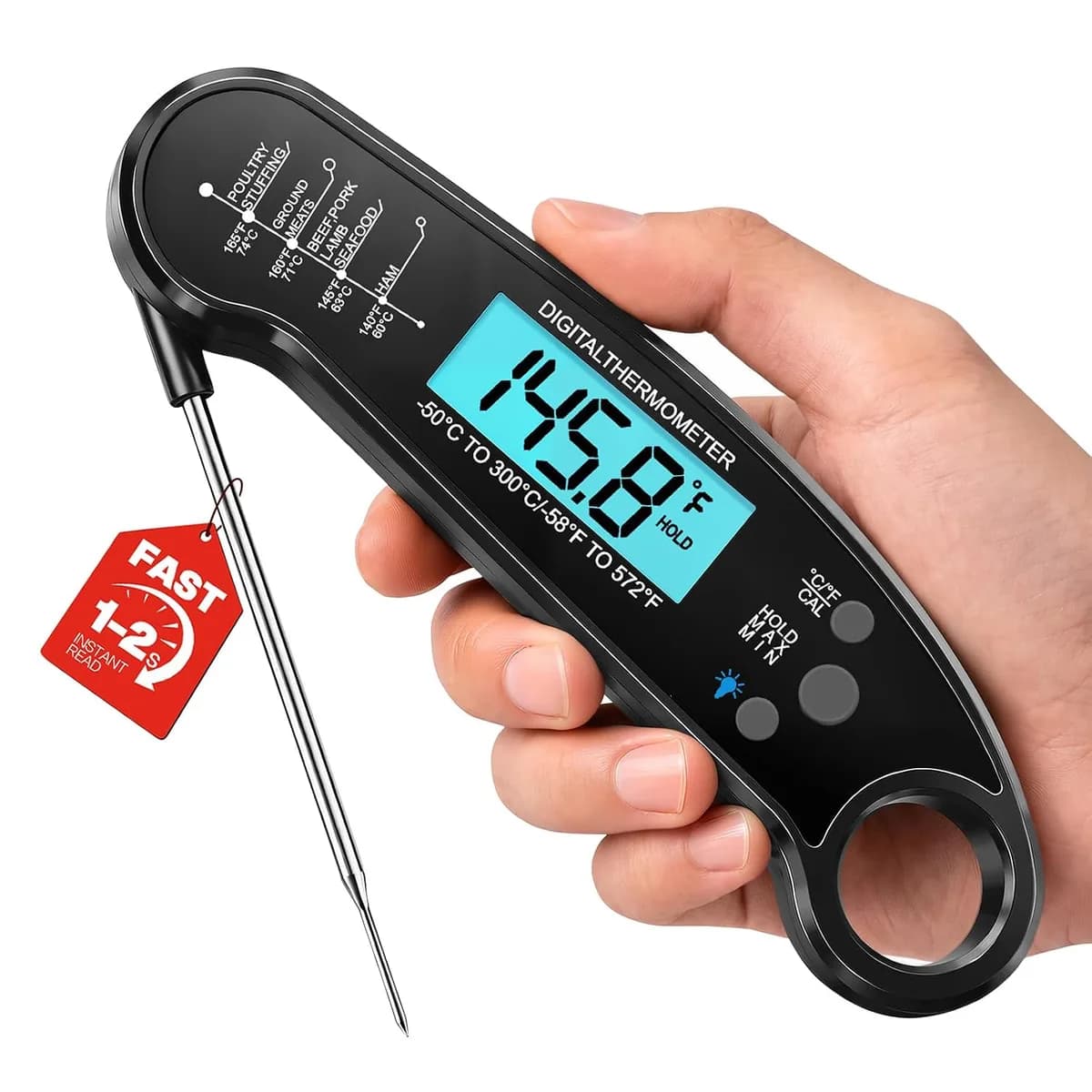 instant read meat thermometer in black with backlit screen