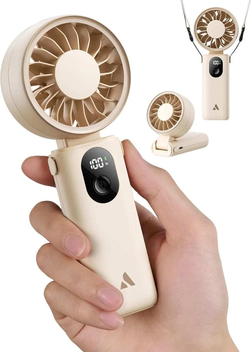 portable handheld fan in beige with digital display