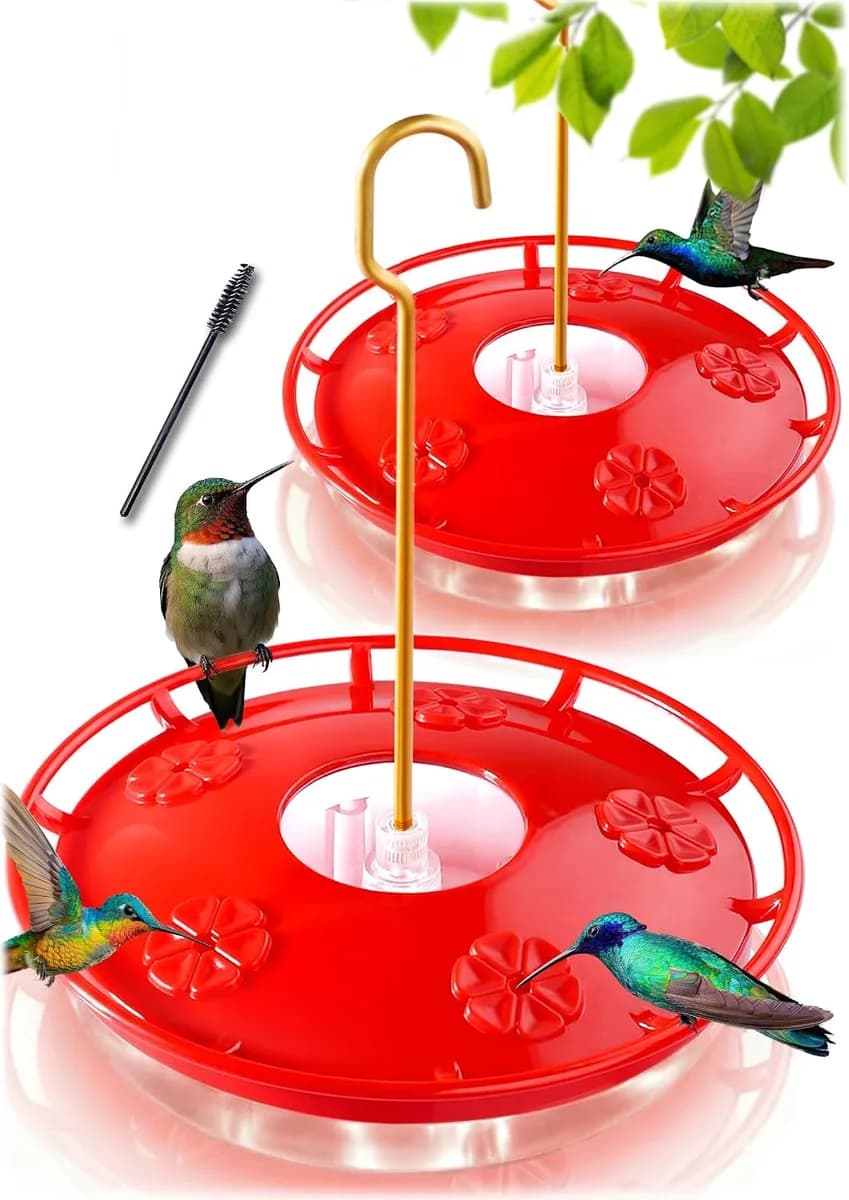 two red saucer hummingbird feeders with hummingbirds
