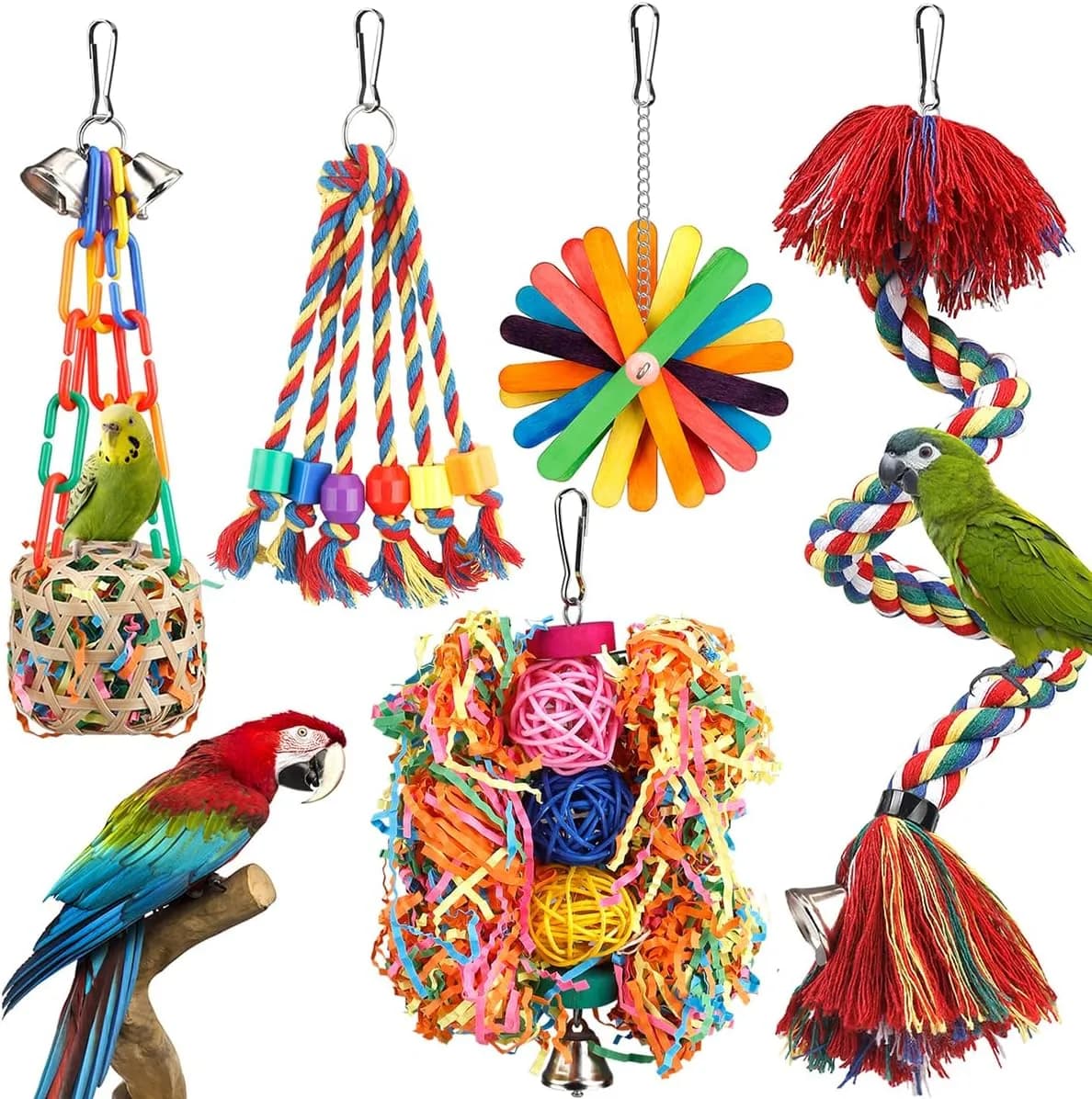 bird toys set with rope perch, basket and shredding toys
