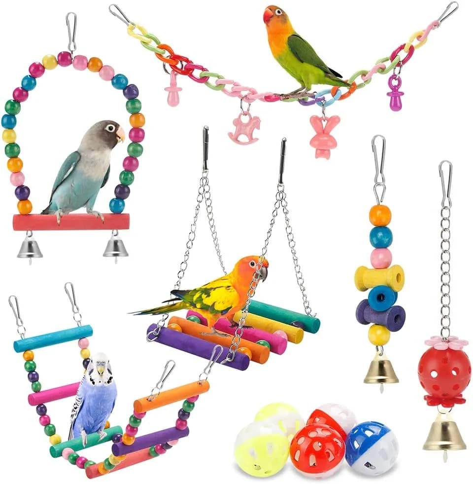parakeet toys set with swing, ladder, hammock and bells