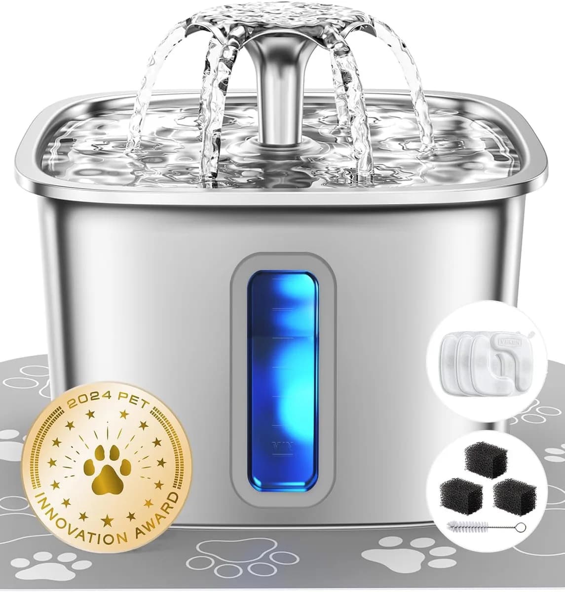 stainless steel cat water fountain with blue LED window