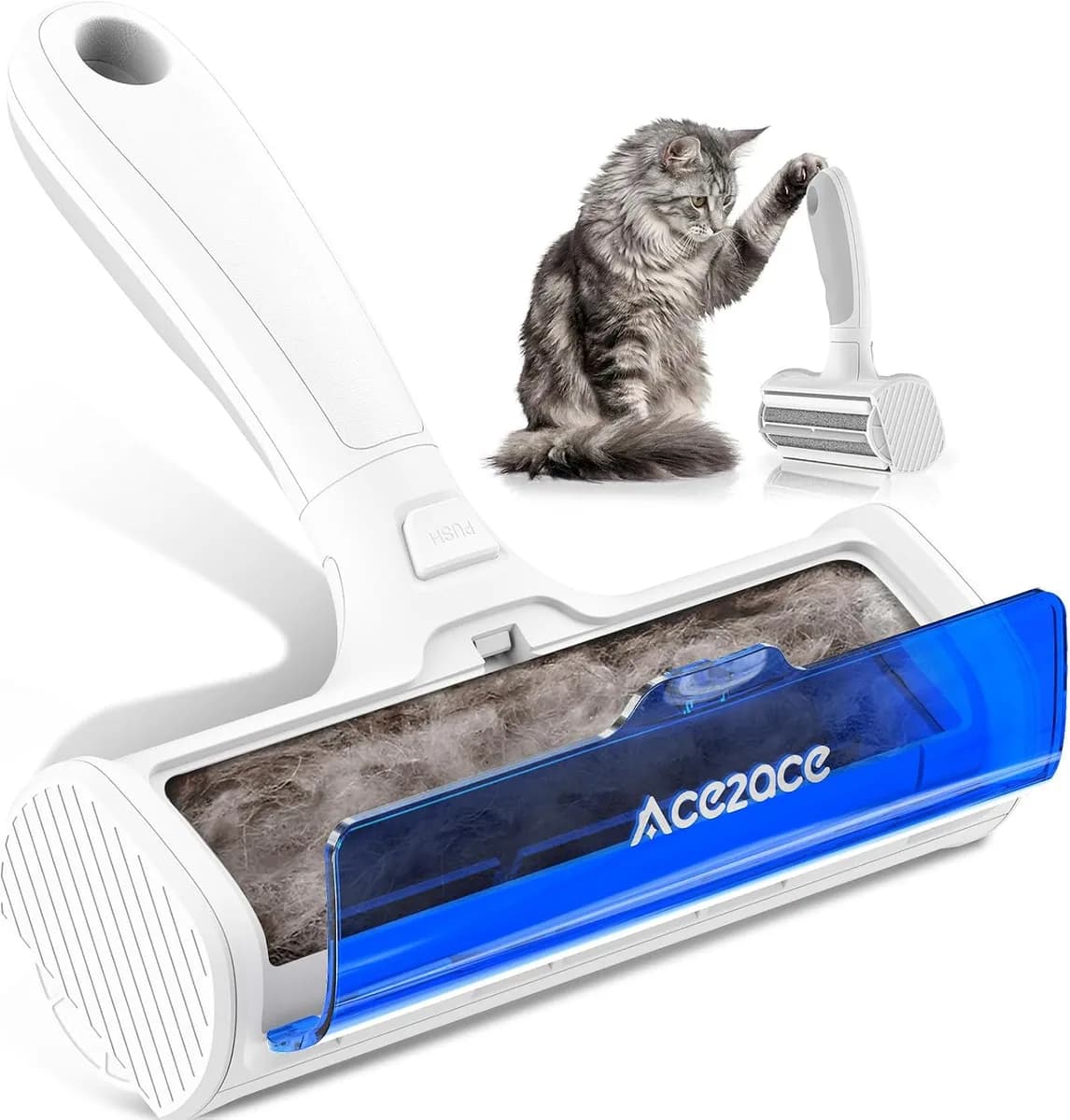 pet hair remover roller with a collected bin of cat hair